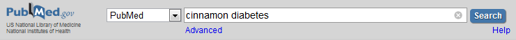 Image of PubMed search with the words cinnamon diabetes in the search box.