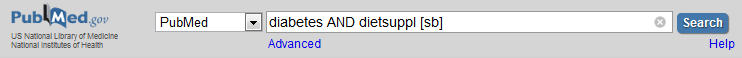 Image of PubMed search with the words diabetes AND dietsuppl [sb] in the search box.